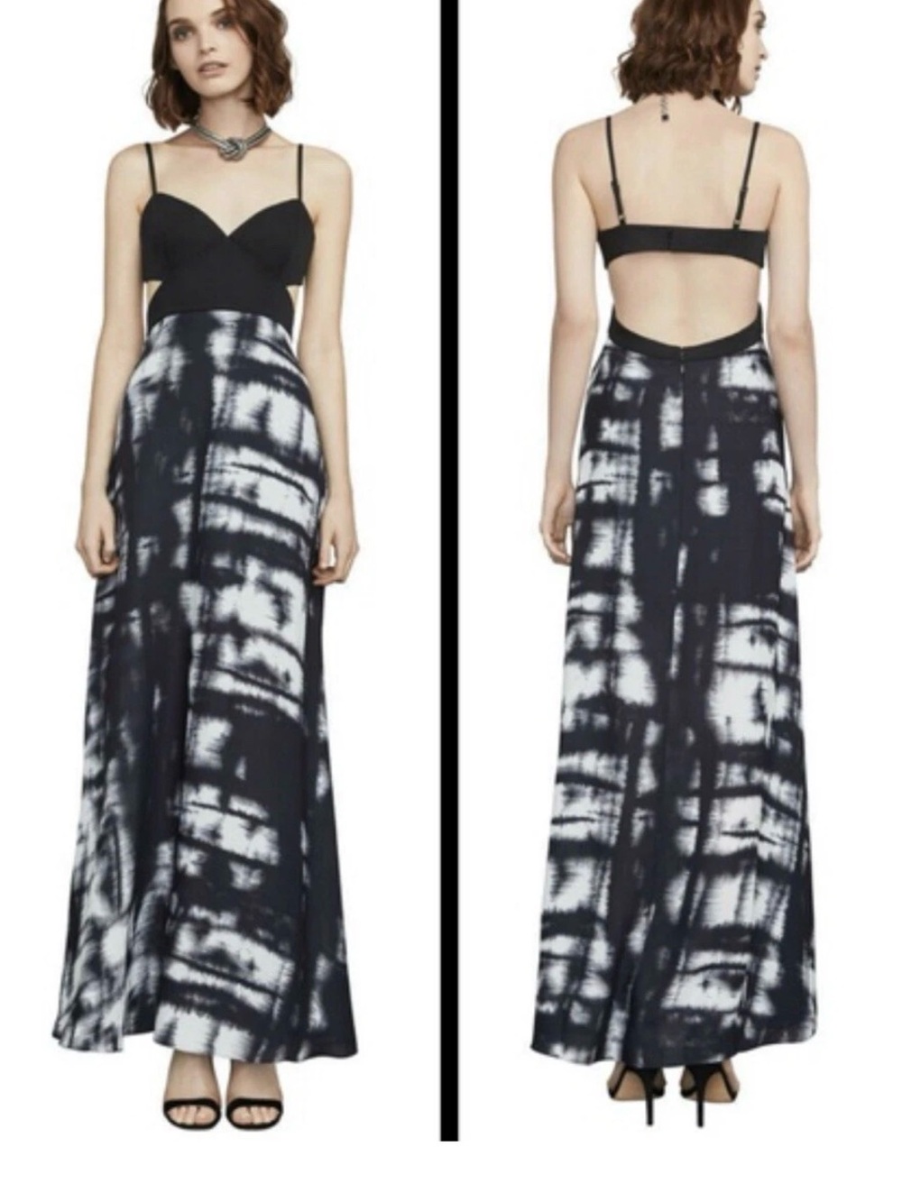 BCBG Black and White Tie-Dye Open-Back Maxi Dress
